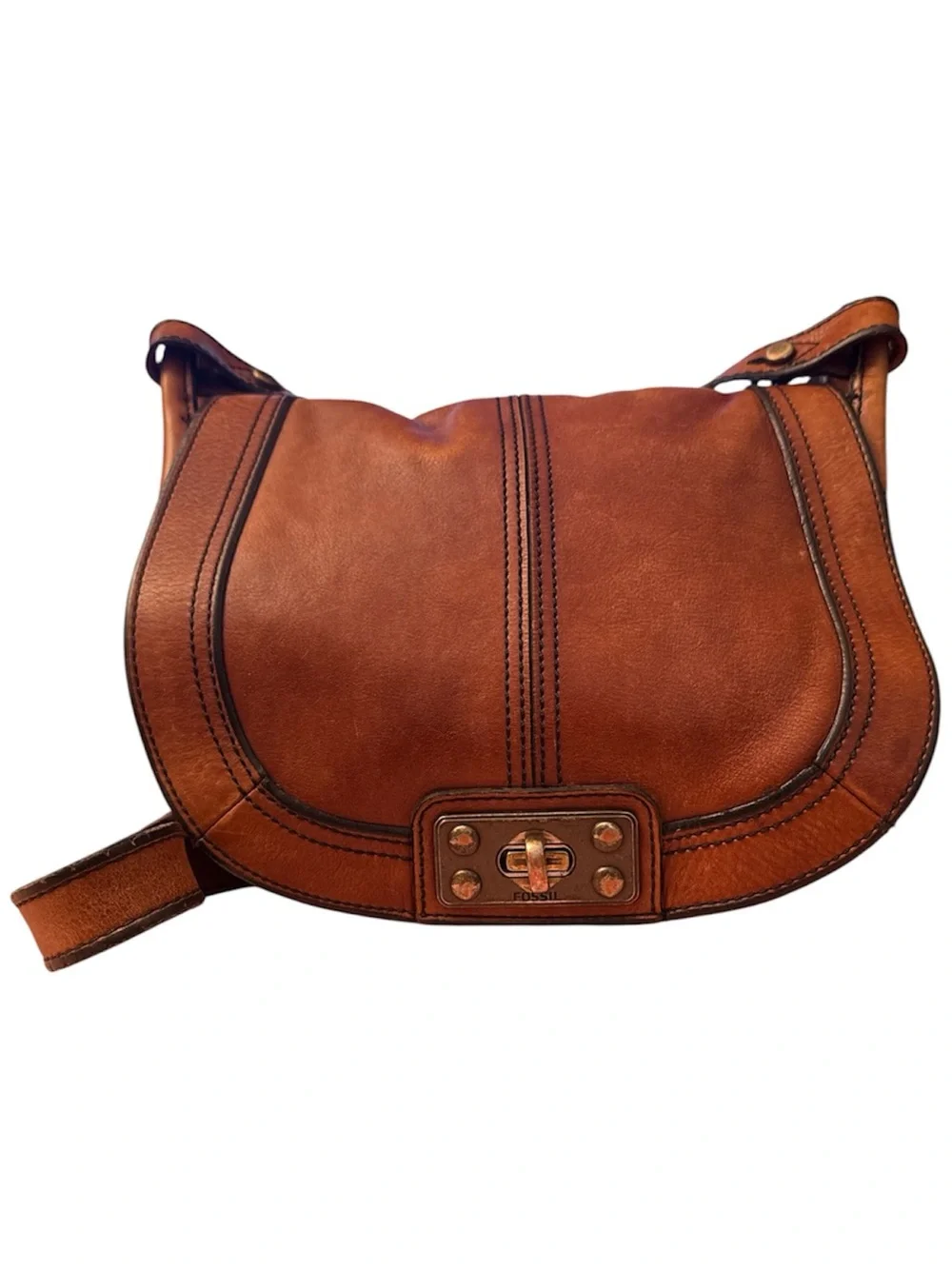 Fossil Cognac Leather Saddle Crossbody with Turn-Lock - Picture 2 of 10